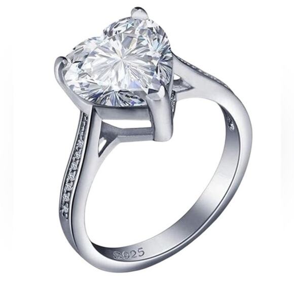 4 Carat Diamond Sterling Silver Heart Solitaire Ring Size 6 - Picture 7 of 11
